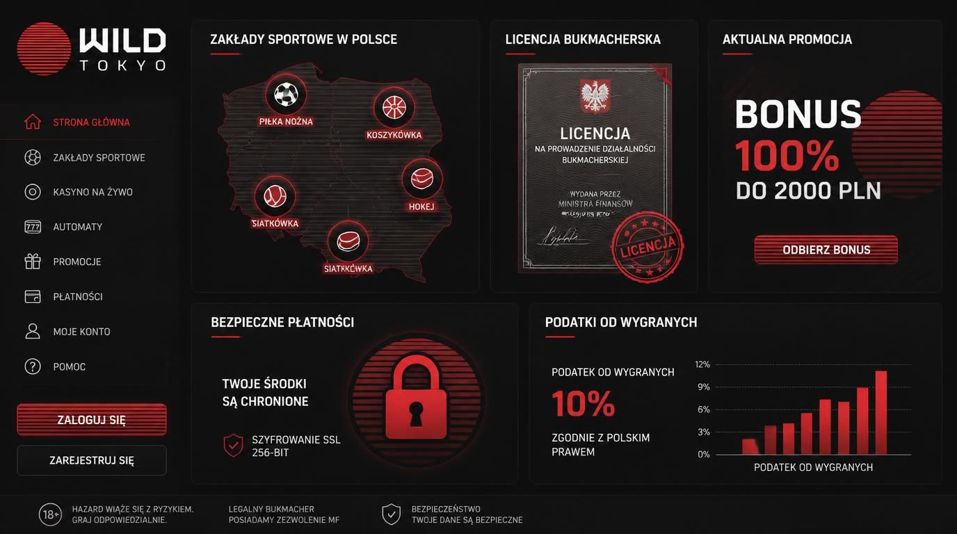 Mapa Polski z ikonami zakładów sportowych, dokument licencyjny oraz reklama bonusowa z symbolem podatków i blokady płatności