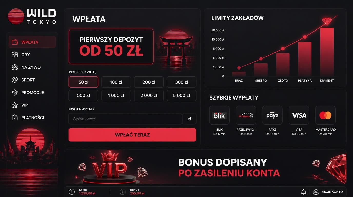 Ekran z ofertą pierwszego depozytu w Wild Tokyo Casino z limitem stawki i szybką wypłatą