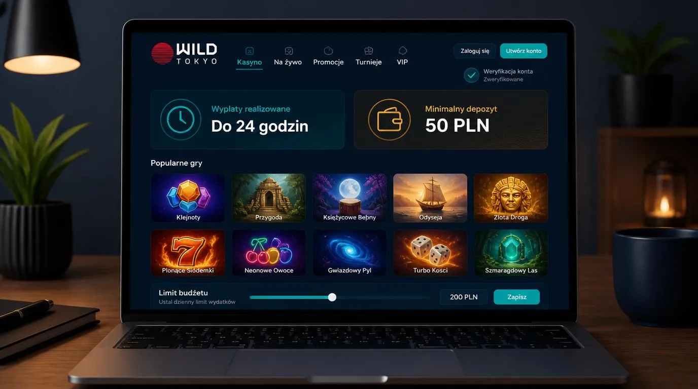 Panel kasyna z terminem wypłaty do 24 godzin, wpłatą 50 PLN i kafelkami gier na ekranie laptopa