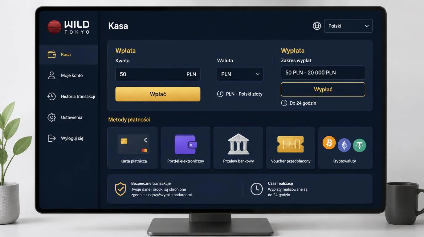 Panel kasy z saldem w PLN, wyborem płatności i informacją o wypłacie do 24 godzin